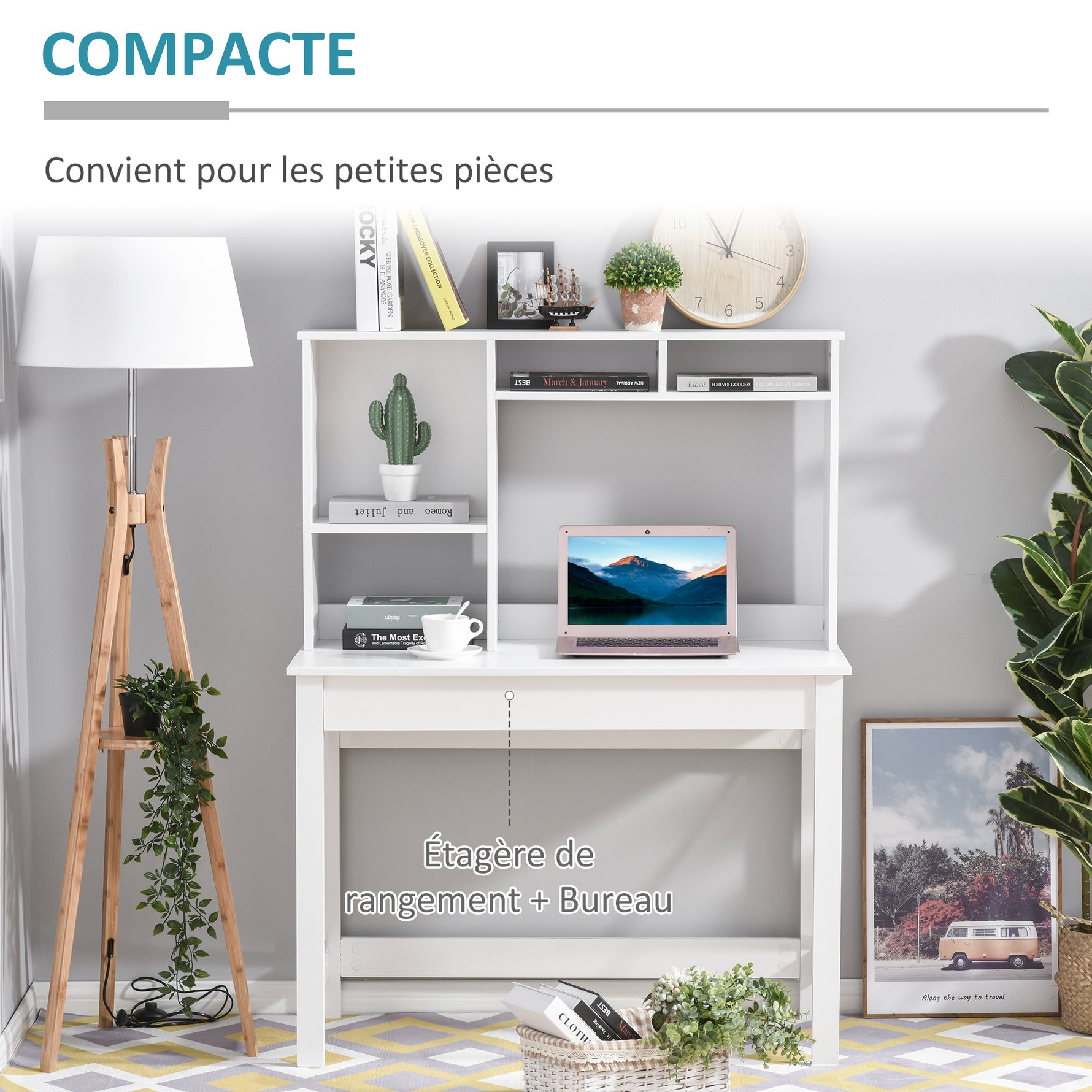 Bureau avec rangement bibliothèque en bois moderne avec étagères et grand plateau pour petits espaces maison chambre à coucher, 105 x 50 x 137,5 cm, blanc