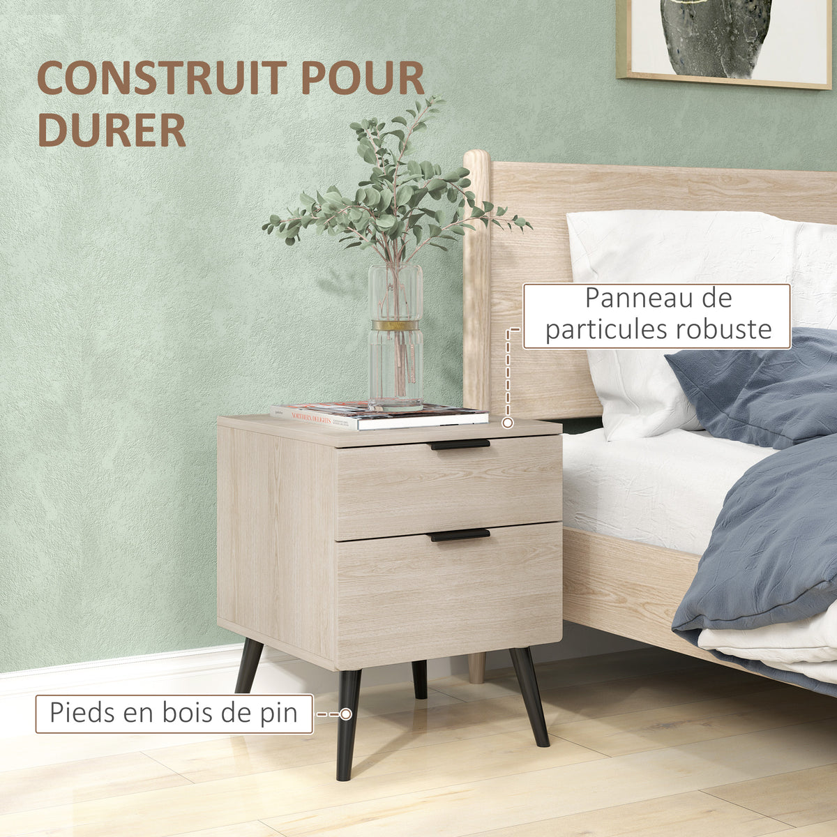 Lot de 2 tables de chevet table de nuit style nordique moderne avec tiroir à deux niveaux 40 x 40 x 50 cm chêne