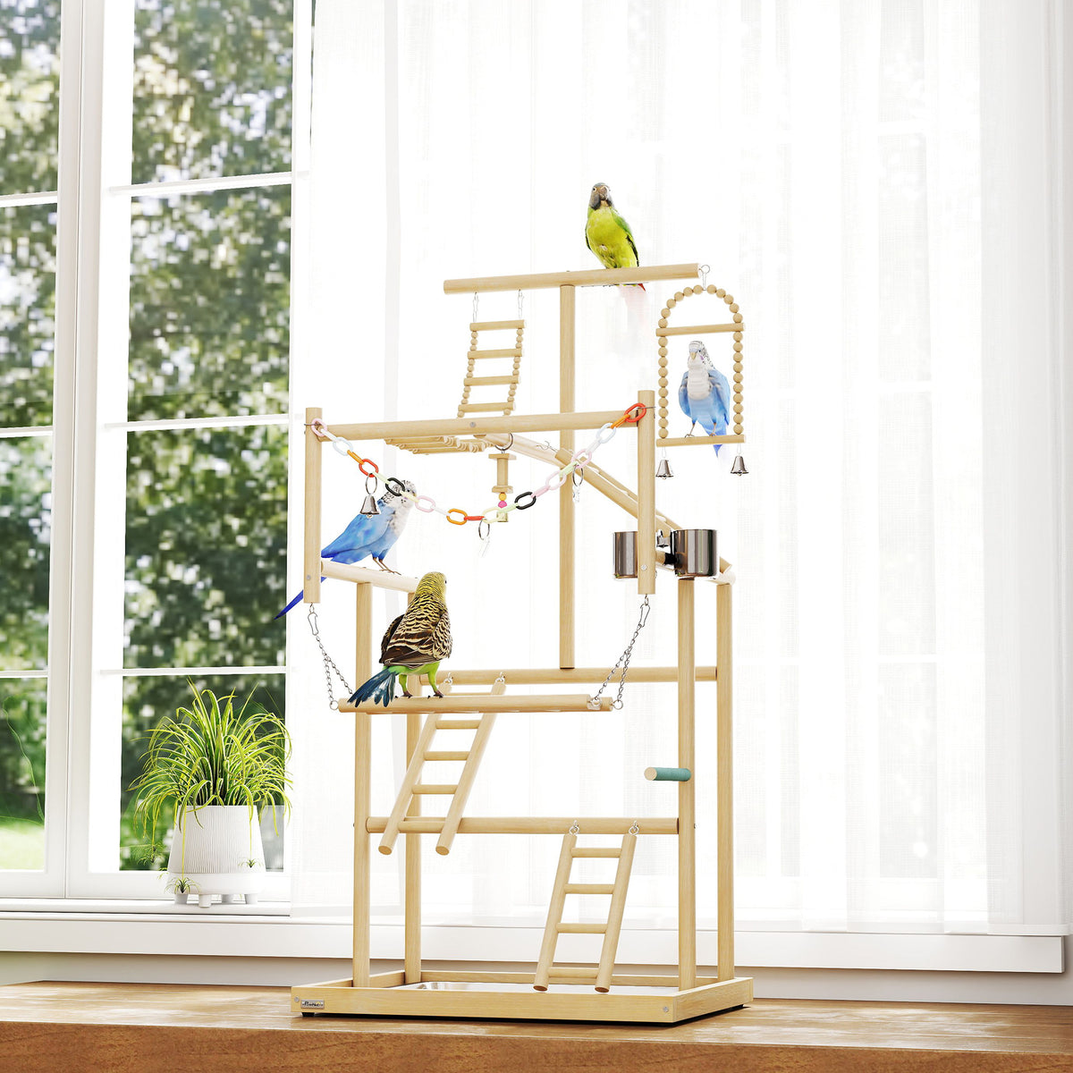 Aire de jeux pour oiseaux, terrain de jeu pour perroquet, échelles, jouet à chaîne, plateau, 48x38x95cm, bois naturel