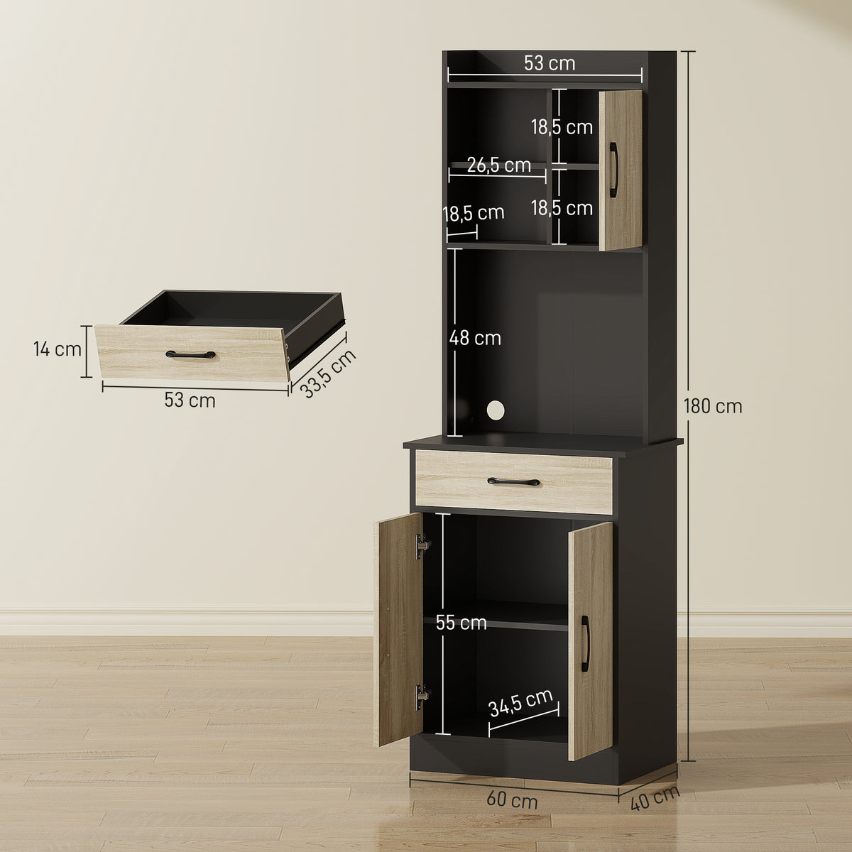 Buffet haut cuisine, armoire de cuisine, tiroir, 3 portes, étagères ouvertes, plan de travail, 60x40x180cm, bois naturel