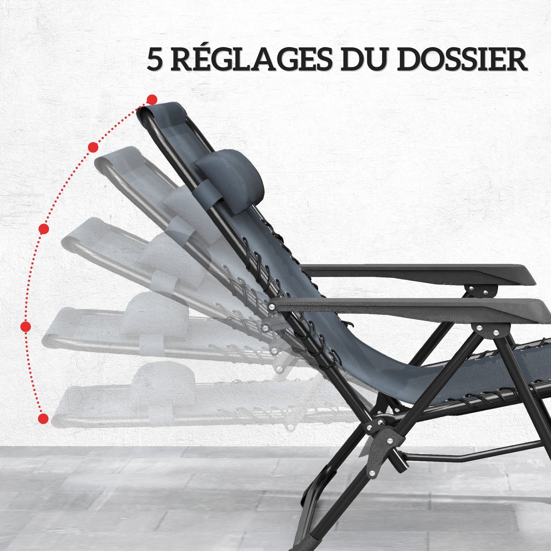 Lot de 2 chaise longue pliable et inclinable avec table d'appoint, porte-gobelets et appuie-têtes, charge 120 kg, gris