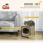 Griffoir pour Chat 2 en 1 en Forme de Téléviseur, Maison et Tapis à Griffer en Carton Ondulé, 39x29x37cm, Marron