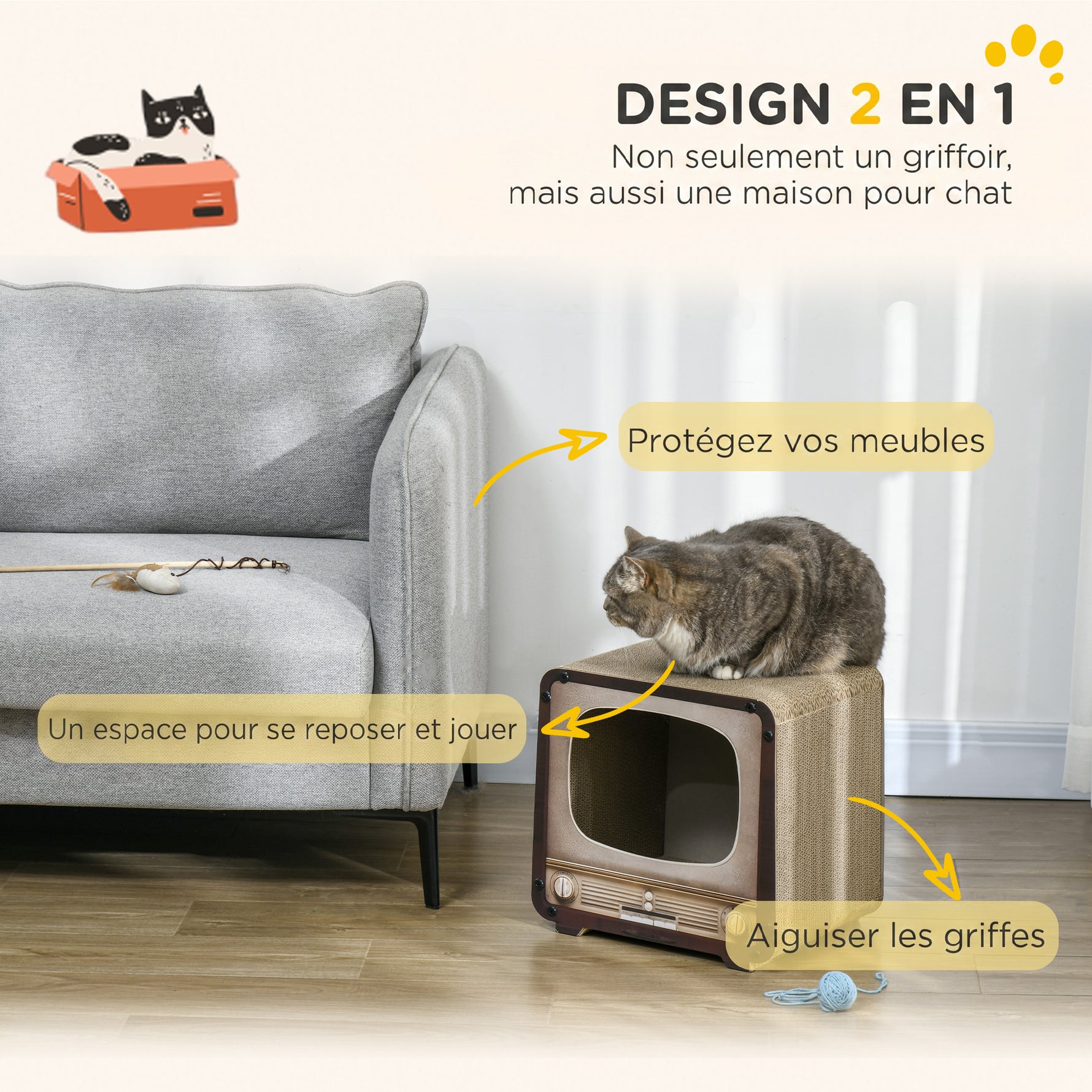 Griffoir pour Chat 2 en 1 en Forme de Téléviseur, Maison et Tapis à Griffer en Carton Ondulé, 39x29x37cm, Marron