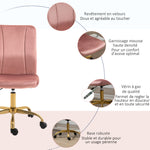 Chaise de bureau fauteuil pivotant 360° ergonomique hauteur réglable revêtement velours  rose et doré