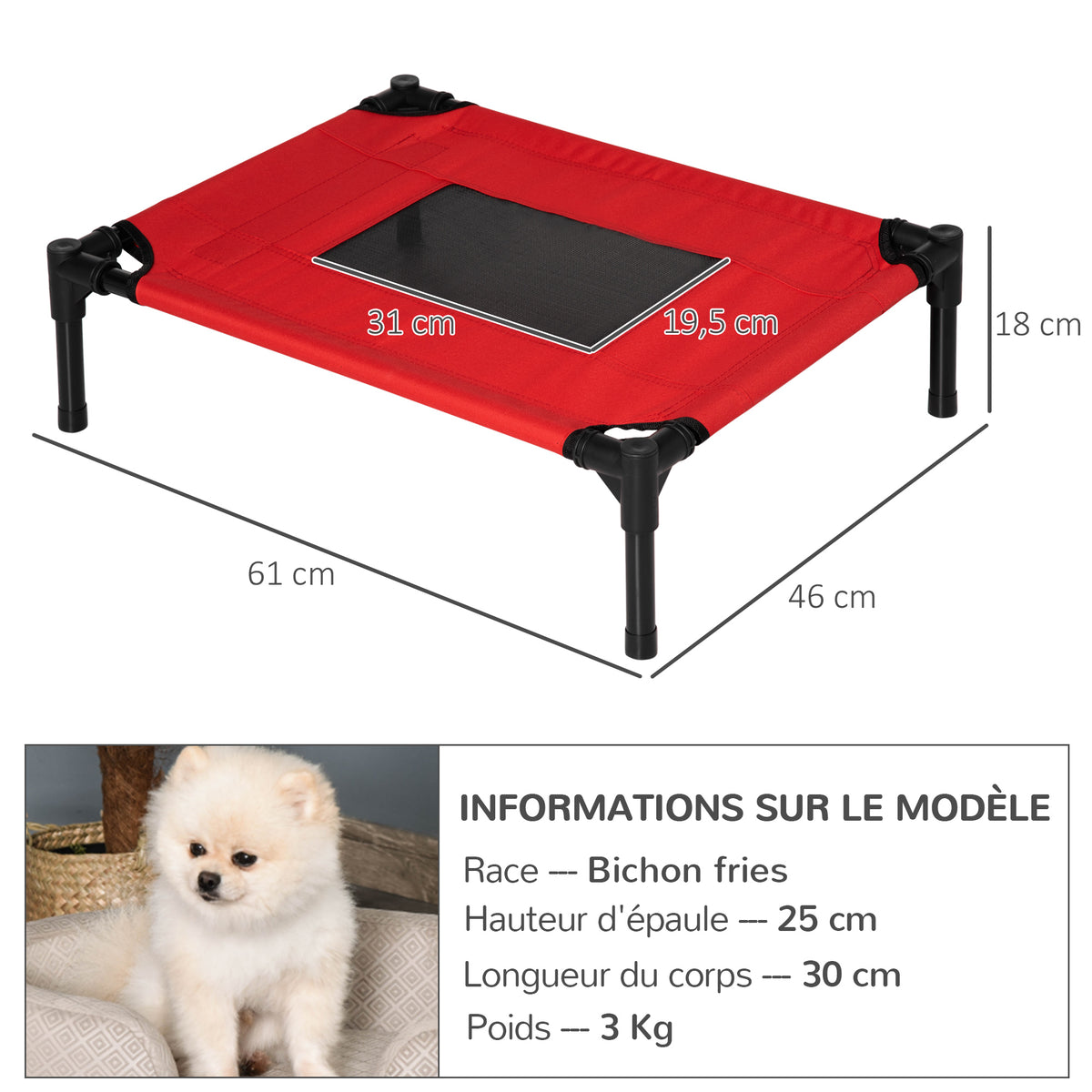 Cama elevada para perros, gatos y mascotas, tejido Oxford textileno microperforado, 61 x 46 x 18 cm, rojo y negro