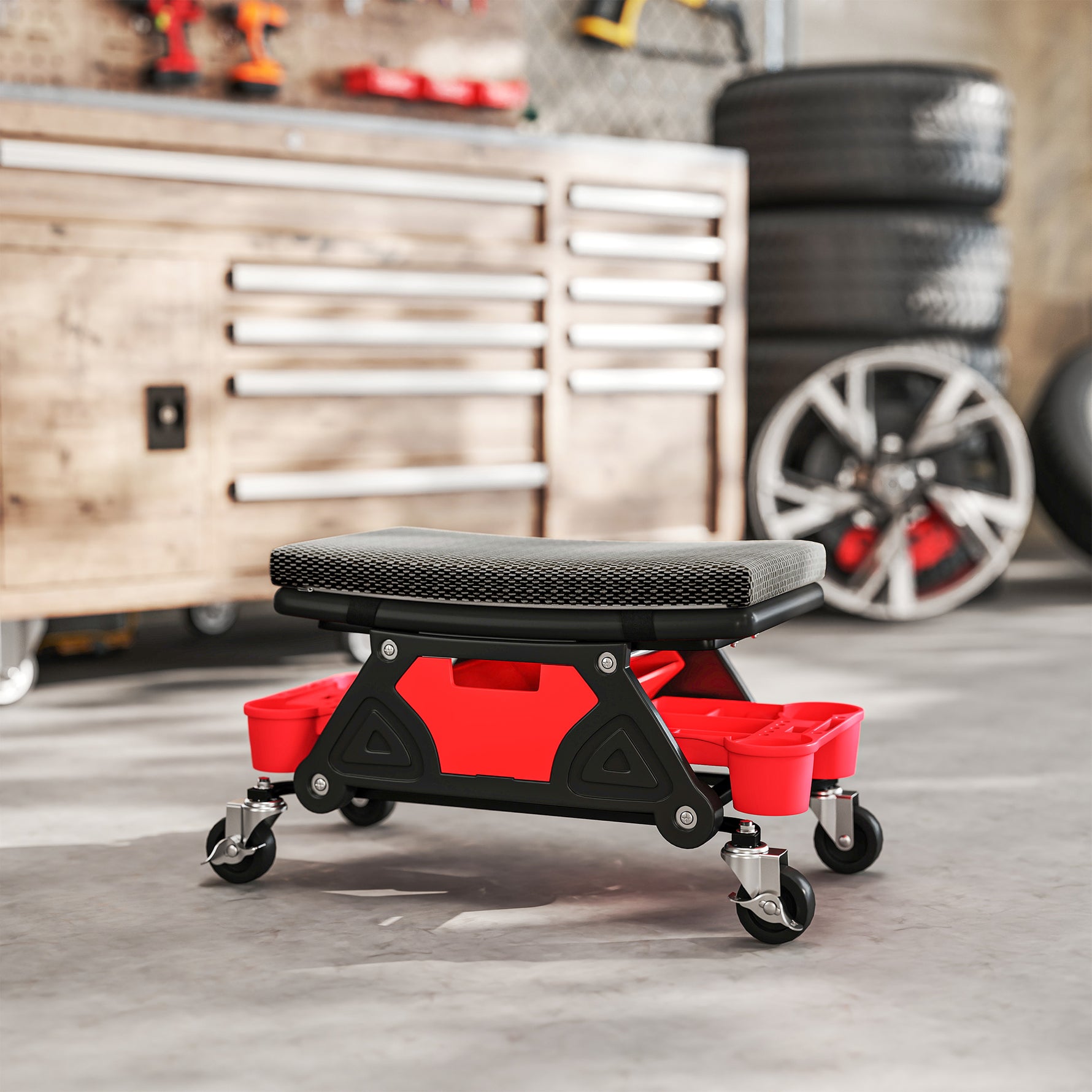 Tabouret d'atelier mobile 135 kg, tabouret de mécanicien avec roulettes rotatif à 360°, 64,5 x 33 x 35 cm, noir