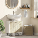 Meuble sous lavabo, meuble de salle de bain avec 2 portes, pieds en acier, 60 x 30 x 60 cm, blanc et bois naturel