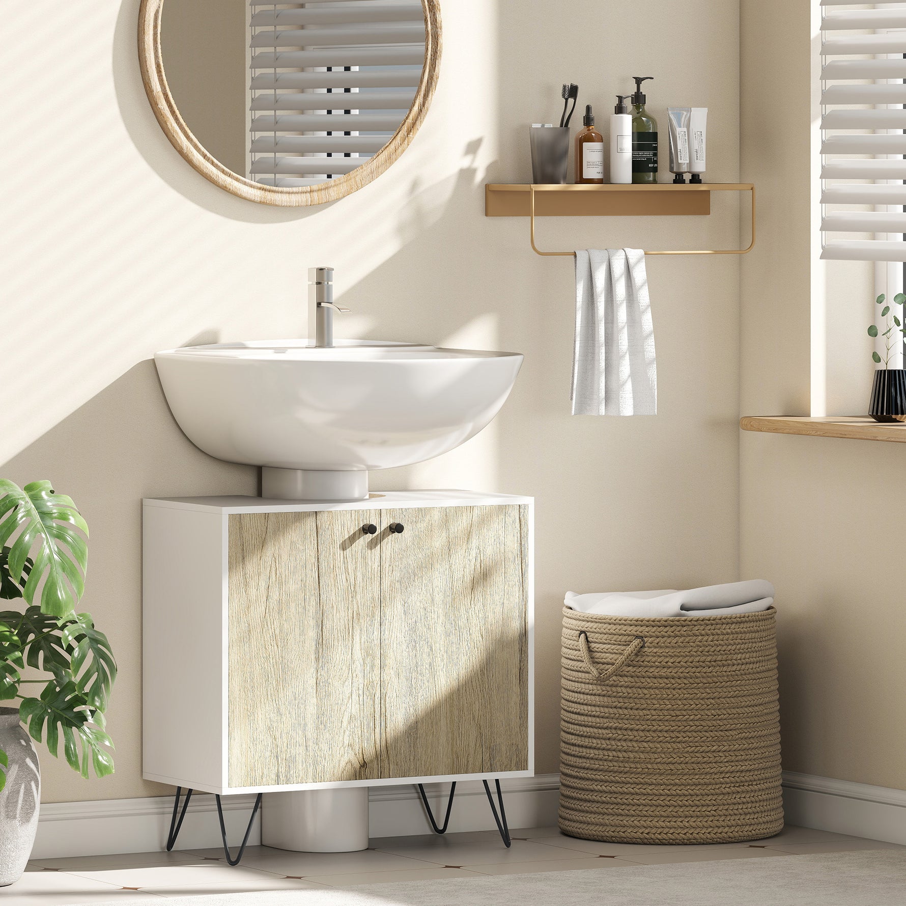 Meuble sous lavabo, meuble de salle de bain avec 2 portes, pieds en acier, 60 x 30 x 60 cm, blanc et bois naturel