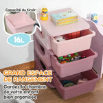 Organisateur de jouets pour enfants avec tiroirs à 3 niveaux, boîtes de rangement en plastique, 37 x 37 x 56,5 cm, rose