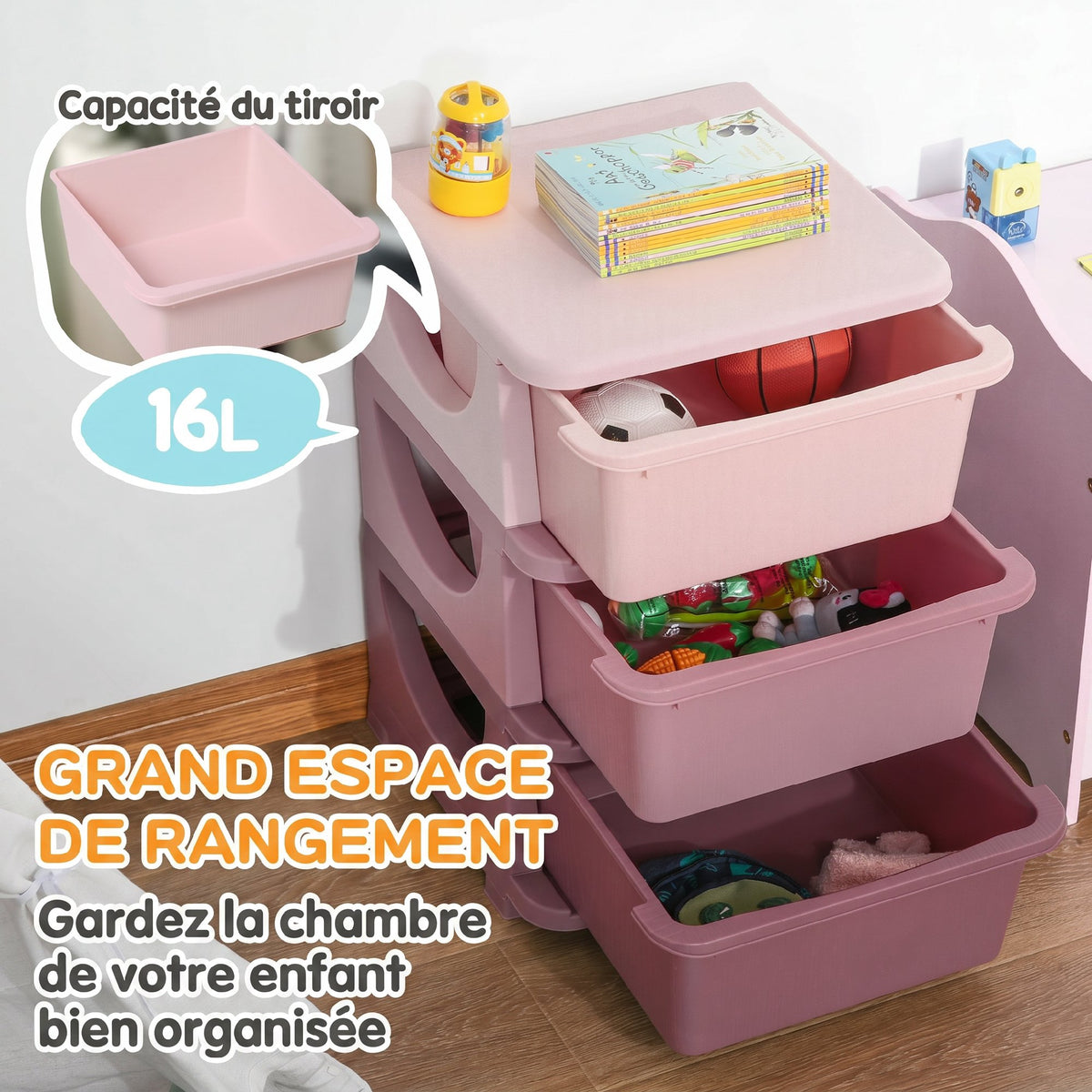 Organisateur de jouets pour enfants avec tiroirs à 3 niveaux, boîtes de rangement en plastique, 37 x 37 x 56,5 cm, rose