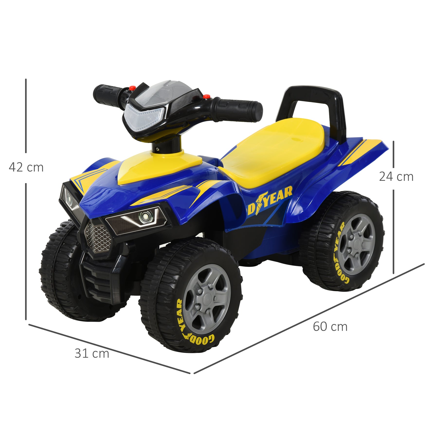 Porteur Enfants Quad 18-36 Mois dim. 60L x 31l x 42H cm Effets Lumineux et sonore Bleu Jaune