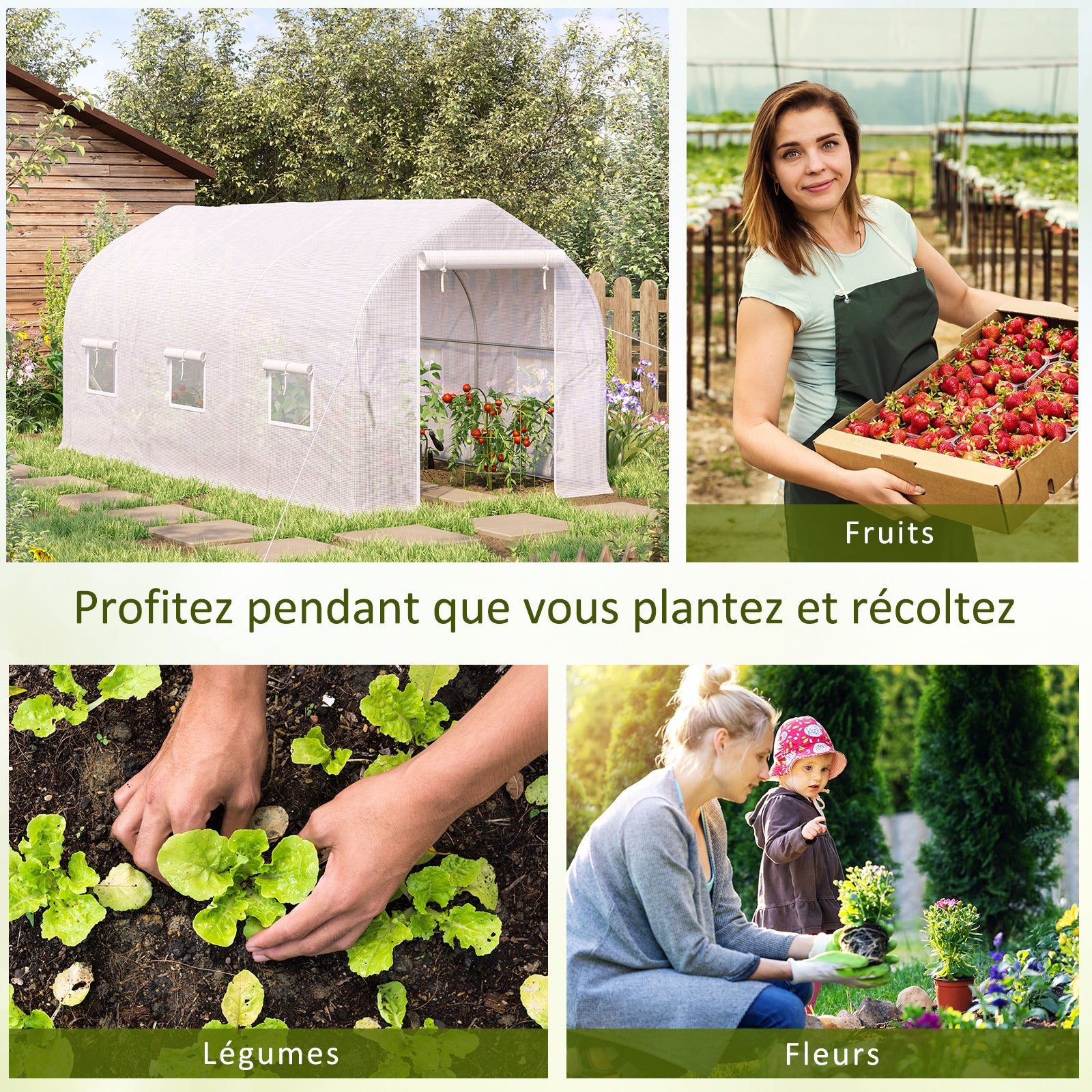 Serre tunnel de jardin 8m², serre de jardin tunnel avec 1 portes et 6 fenêtres, bâche PE 140g/m² 400x200x200cm blanc