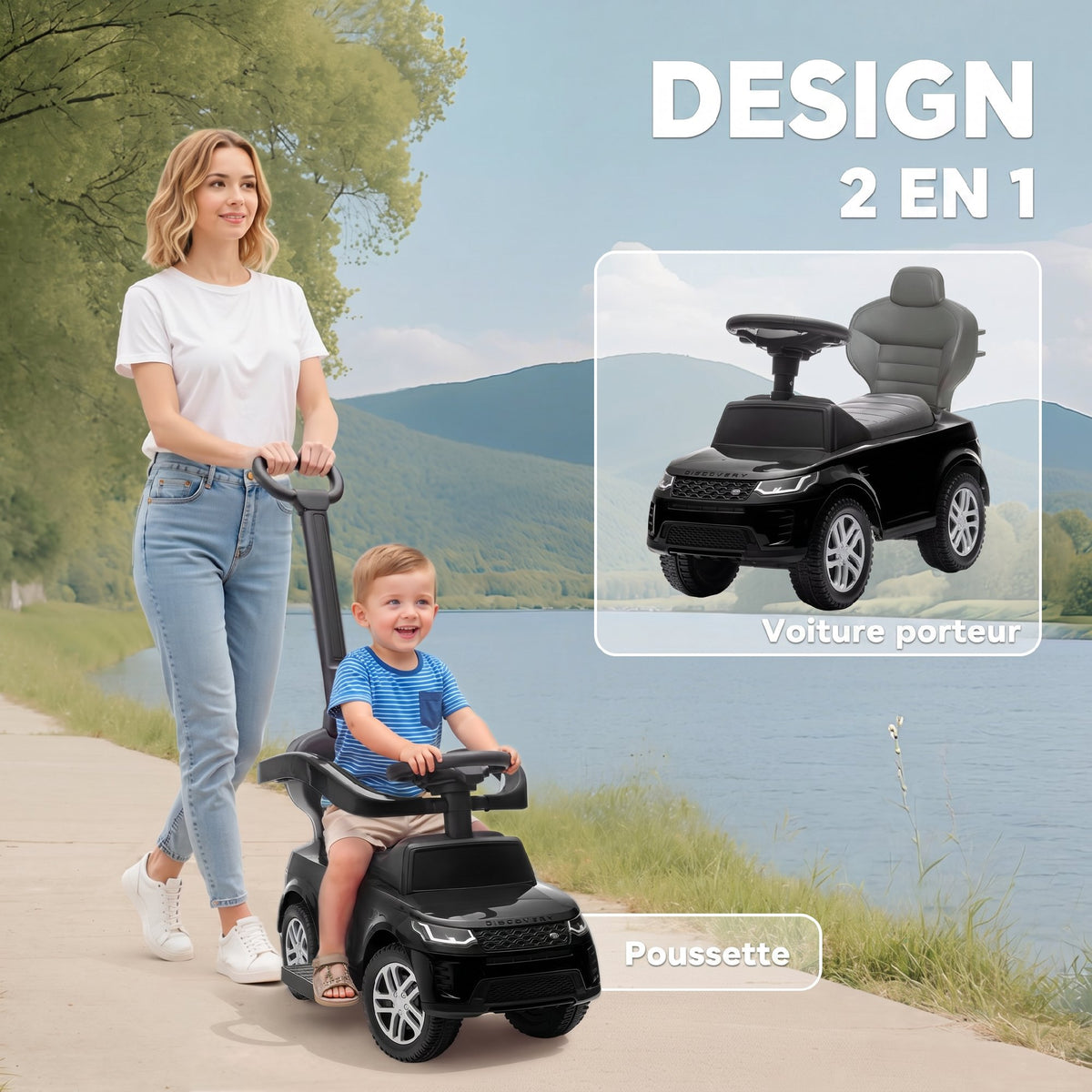 Porteur enfants Land Rover Discovery sous licence, porteur voiture à pousser avec poignée amovible, 84x40x94,5cm, noir