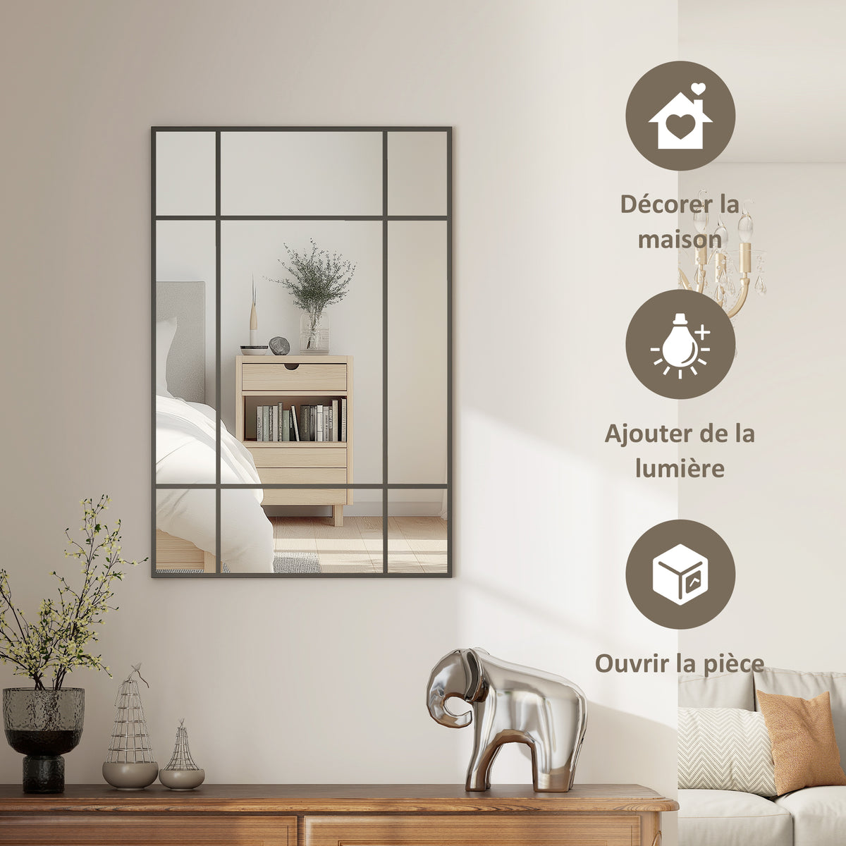 Miroir mural verrière rectangulaire style fenêtre, horizontal ou vertical avec 4 crochets, en métal noir - 90x60 cm