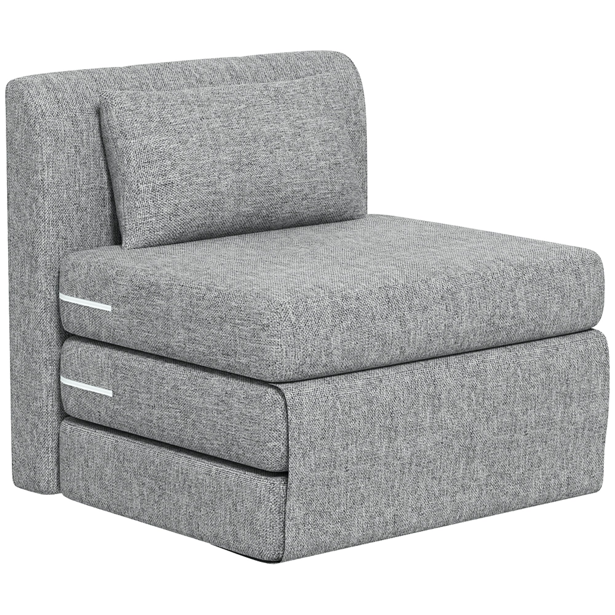 Opvouwbare 3-in-1 slaapfauteuil met kussen, converteerbaar, uitklapbaar matras voor gasten, woonkamer, kantoor, grijs