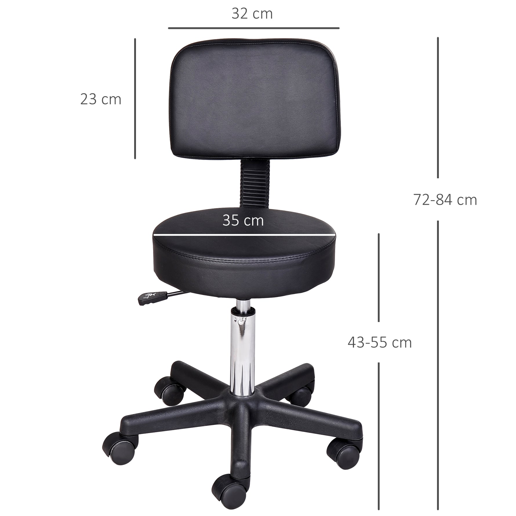 Tabouret massage a roulettes reglable en hauteur pivotant avec dossier ergonomique noir
