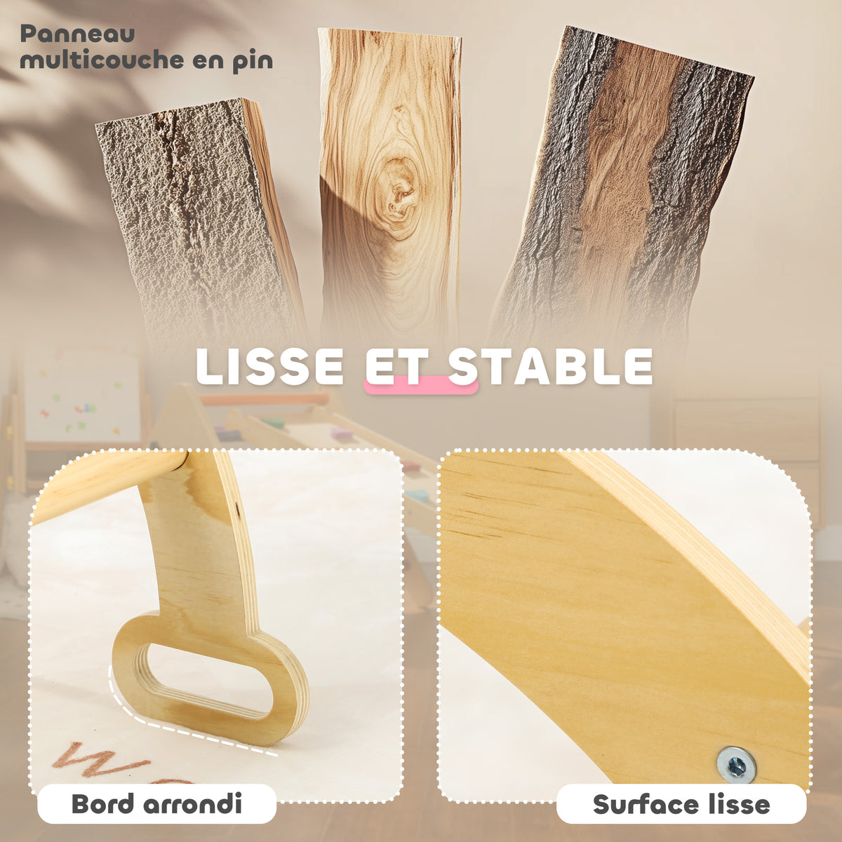 Arche escalade enfants bascule en bois d'intérieur pour garçons & filles, tout-petits de 18 à 48 mois, bois naturel