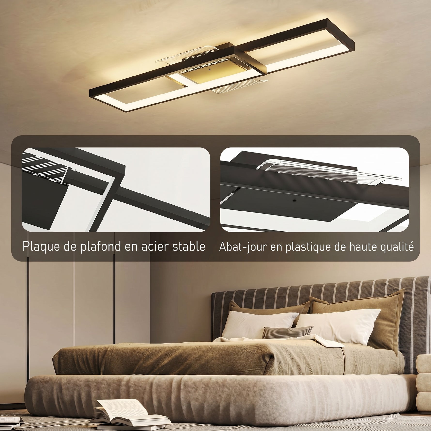 Plafonnier LED rectangle 43W, luminaire plafonnier 3000-6000K, 4600LM, télécommande, 70 x 30 cm, noir
