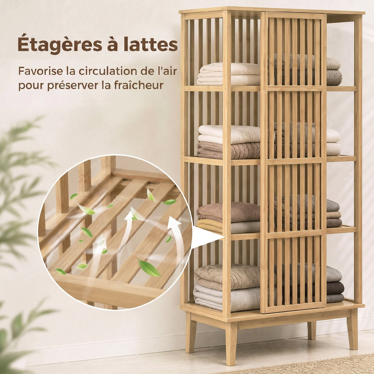 Armadio guardaroba in bambù a 5 livelli con anta scorrevole, design a doghe traspirante, legno naturale