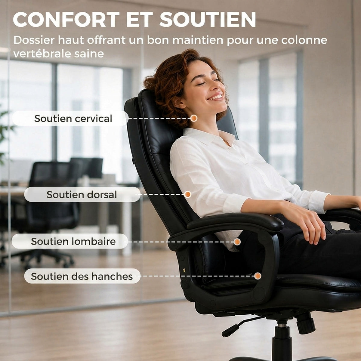 Chaise bureau ergonomique, fauteuil de bureau en PU, hauteur réglable, fonction bascule, pivotante 360°, noir