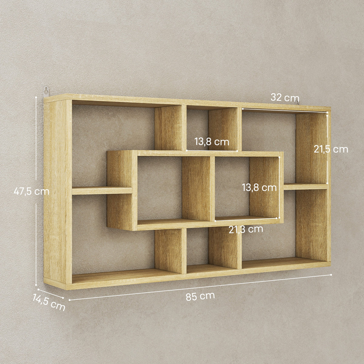 Étagère murale bibliothèque 8 cubes, meuble de rangement, design moderne, 85 x 14,5 x 47,5 cm, chêne