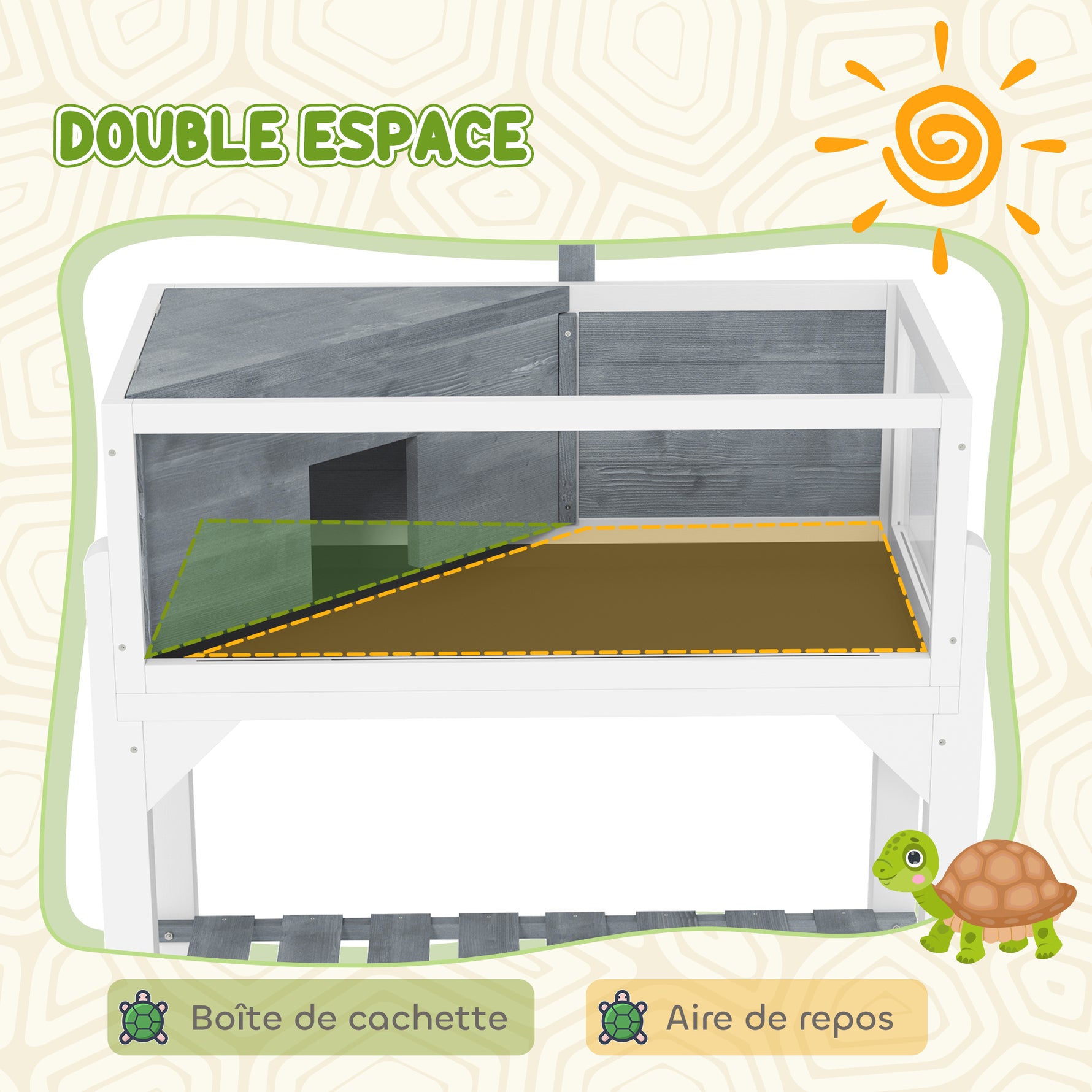 Maison pour tortues terrarium tortue terrestre sur pieds 2 zones toit ouvrant zone interactive 84,5 x 47,5 x 90 cm gris