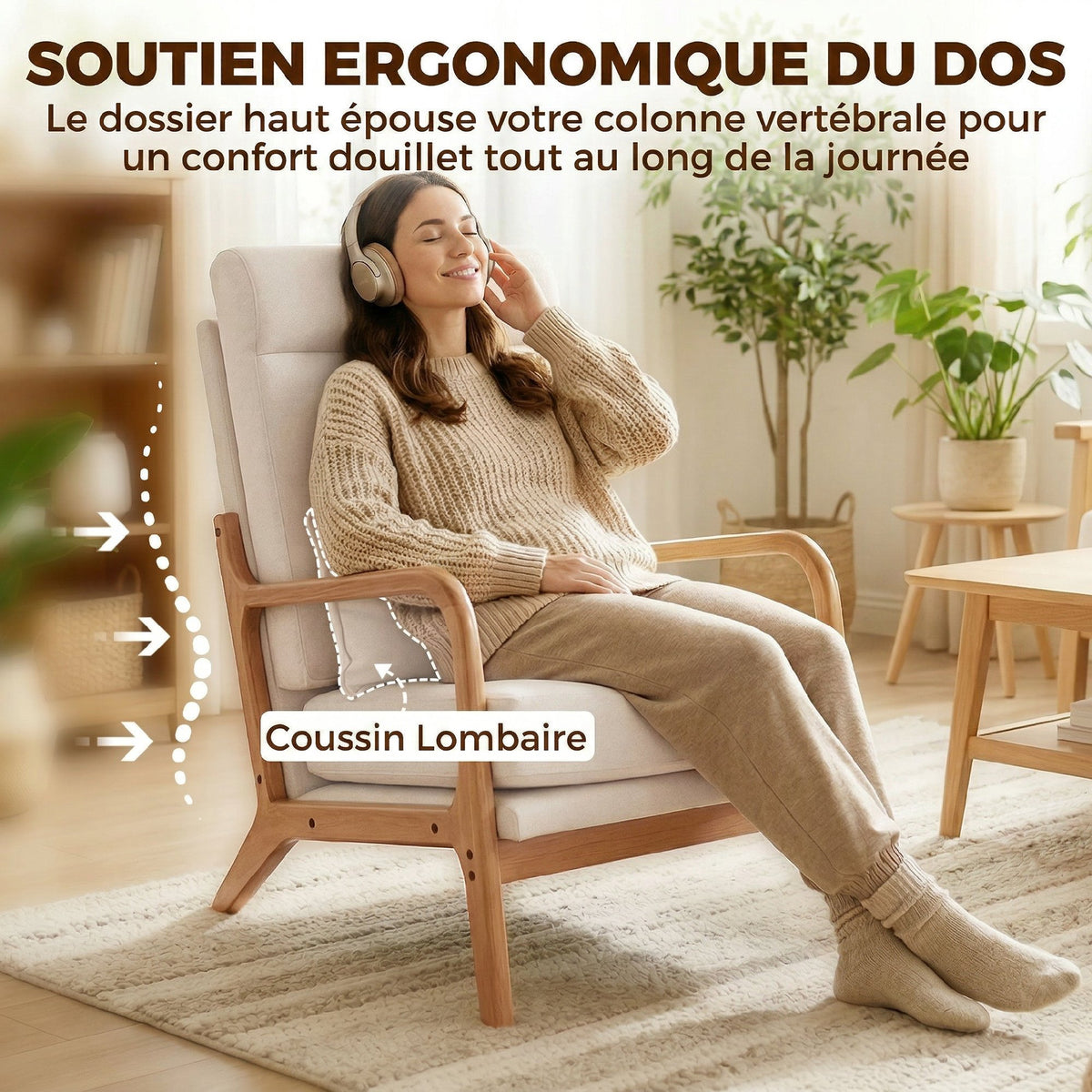 Fauteuil salon, fauteuil d'appoint rembourré en lin avec large assise, support lombaire, haut dossier, 64x86x93cm, crème