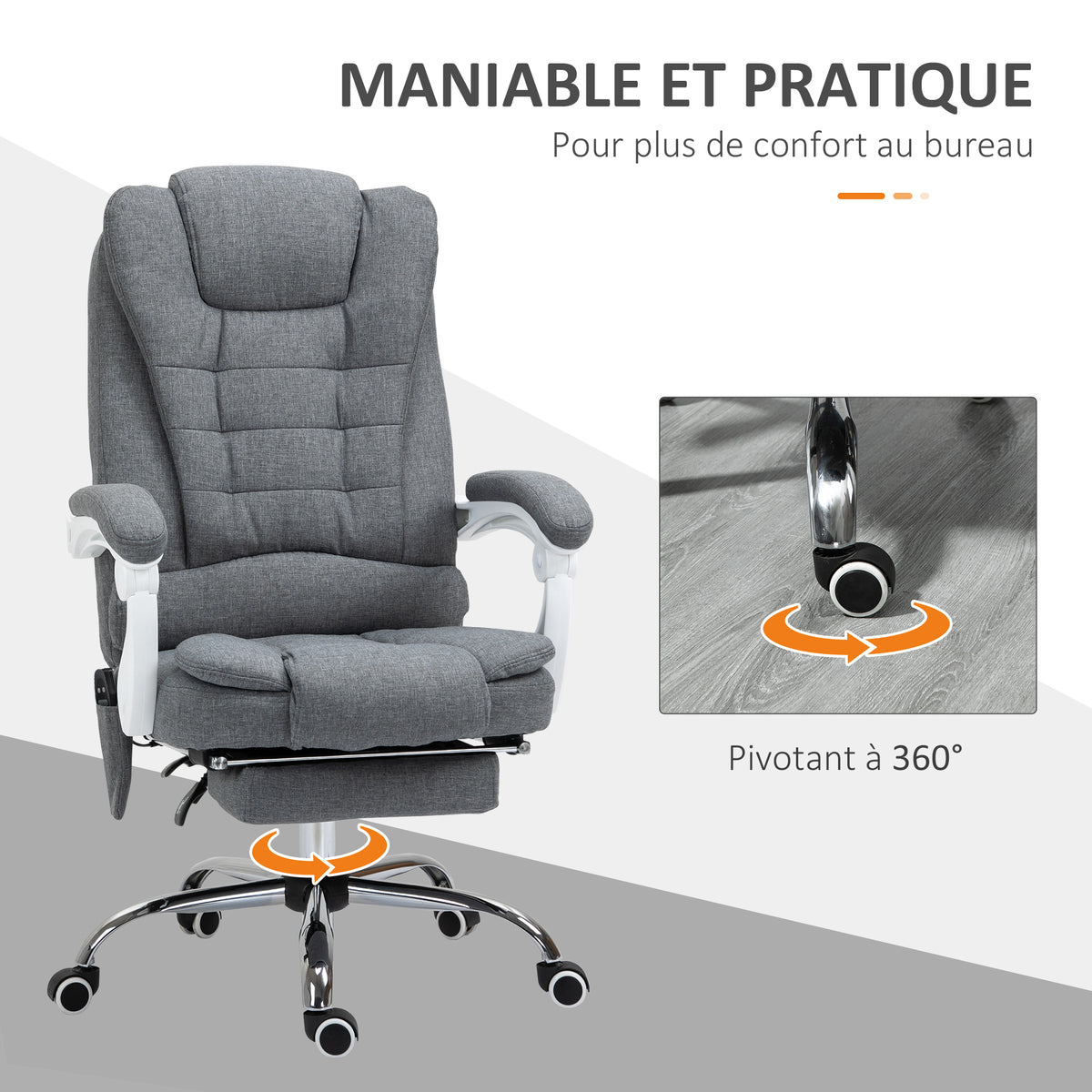 Fauteuil de bureau direction massant chauffant hauteur réglable dossier inclinable toile de lin gris