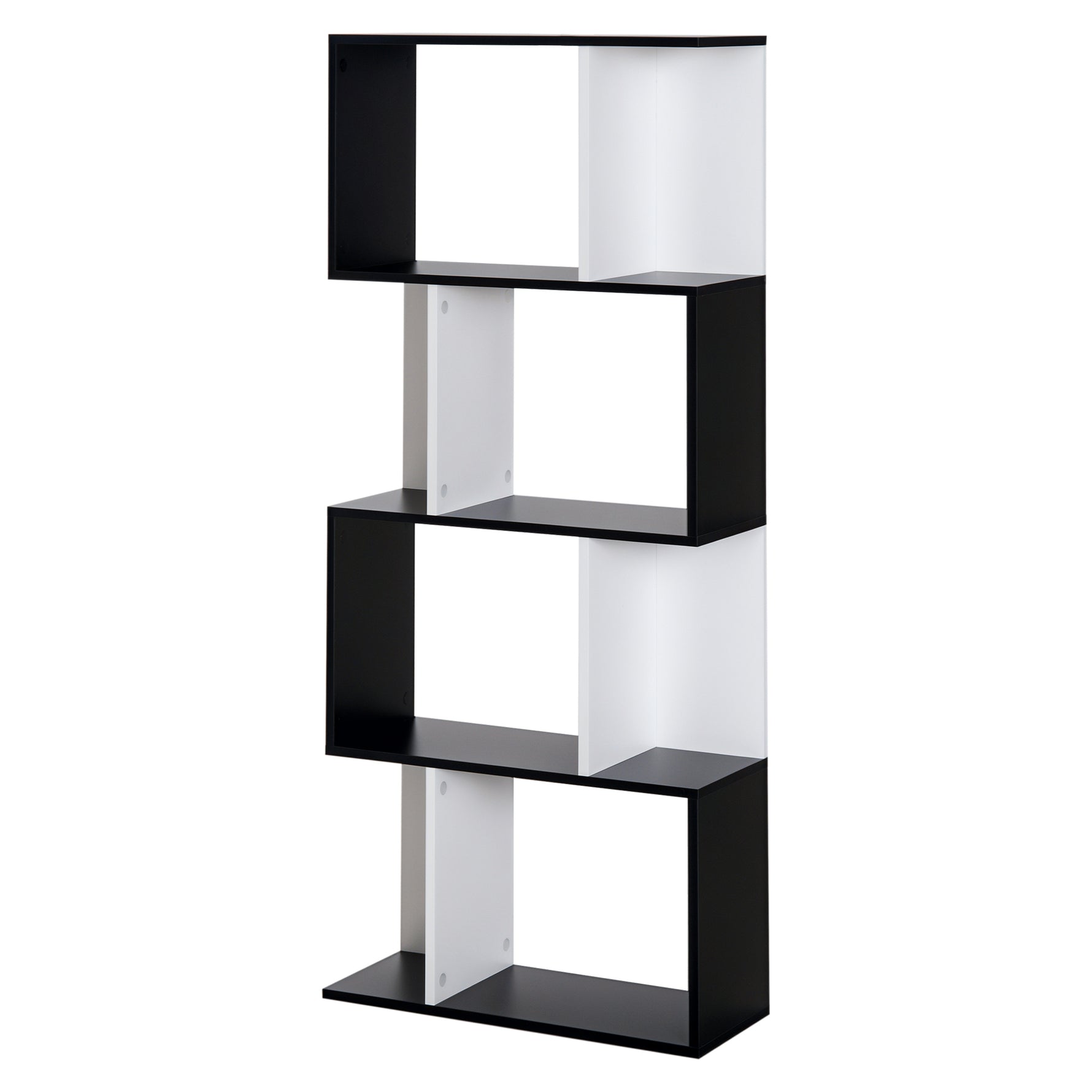 Bibliothèque à 5 niveaux, meuble de rangement en forme de S avec étagères, étagère de rangement pour salon, chambre bureau, 60 x 24 x 148 cm, noir, blanc