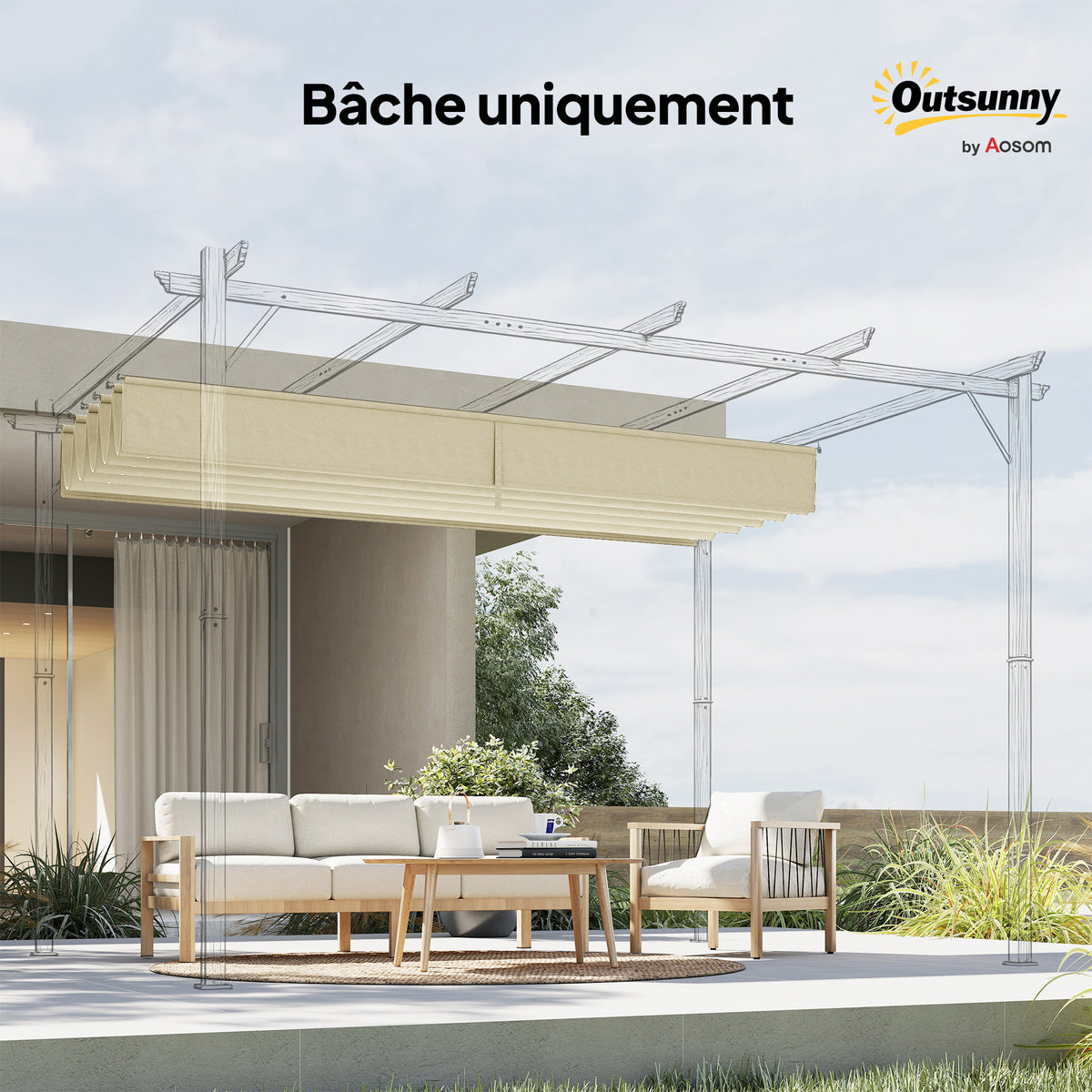 Toile de toit pour pergola tonnelle rétractable de 4 x 3 m - toile uniquement 350 x 260 cm crème
