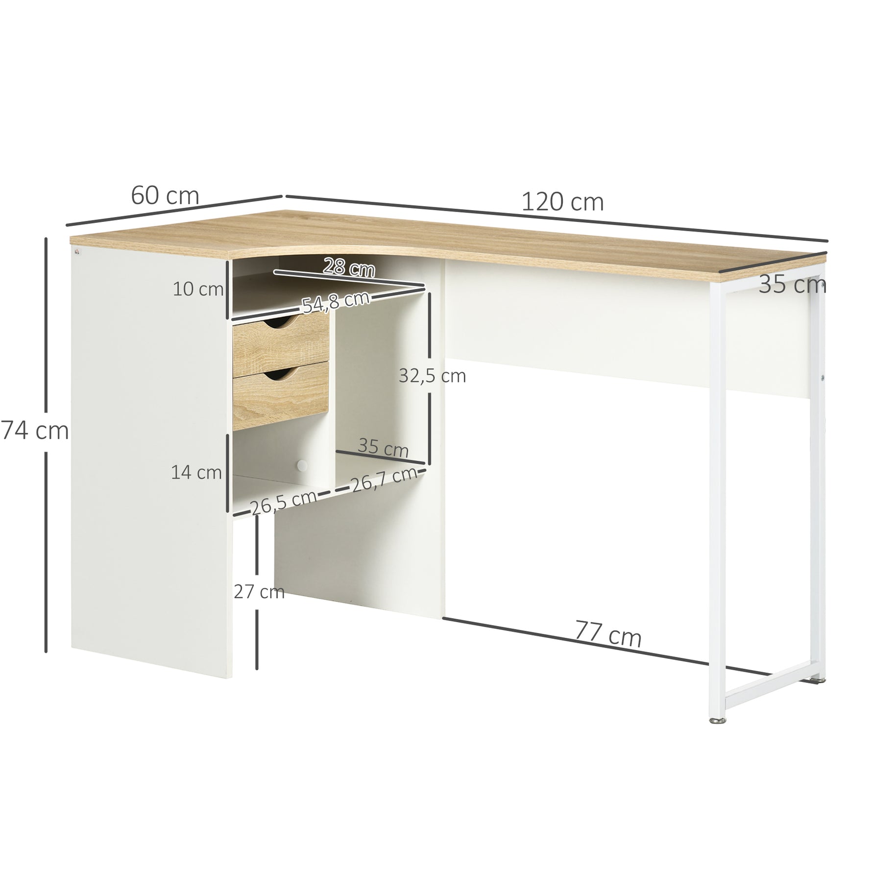 Bureau d'Angle avec 2 Tiroirs, 120 x 60 cm, Bureau en L avec 3 Compartiments Ouverts, Table Informatique pour Étudier, Travailler, Chambre, Maison, Chêne Clair