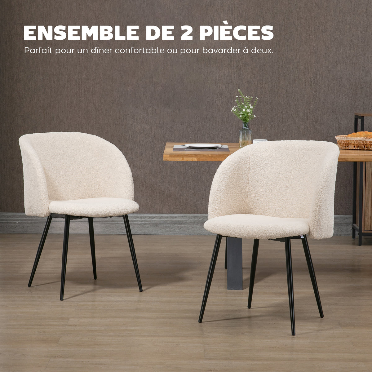Juego de 2 sillas de comedor con respaldo de tela efecto lana de borreguito, patas de acero, 55 x 62 x 80 cm, beige negro