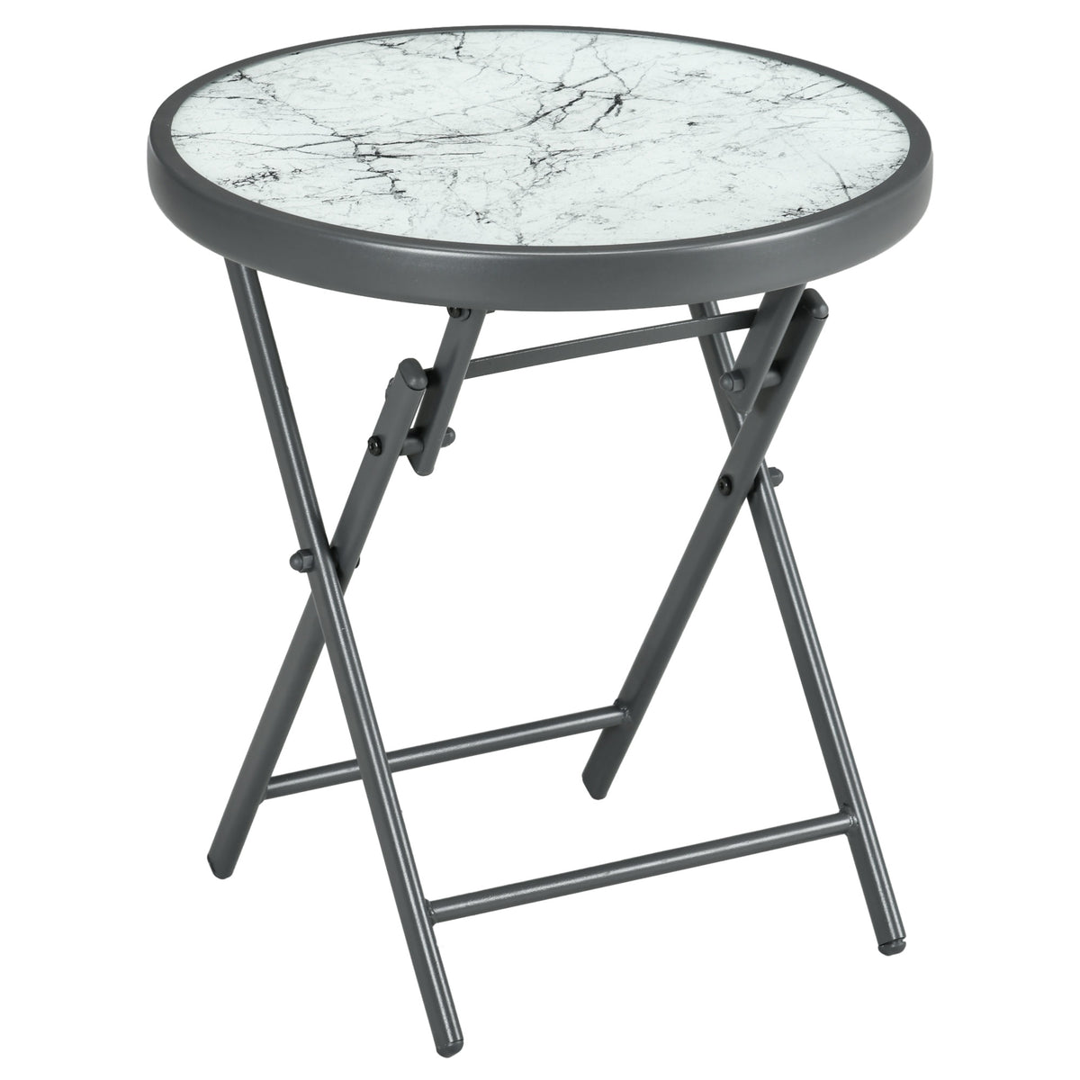 Table basse pliante table d'appoint pliante plateau effet marbre en verre trempé structure métal ronde Ø45 x 50 cm blanc