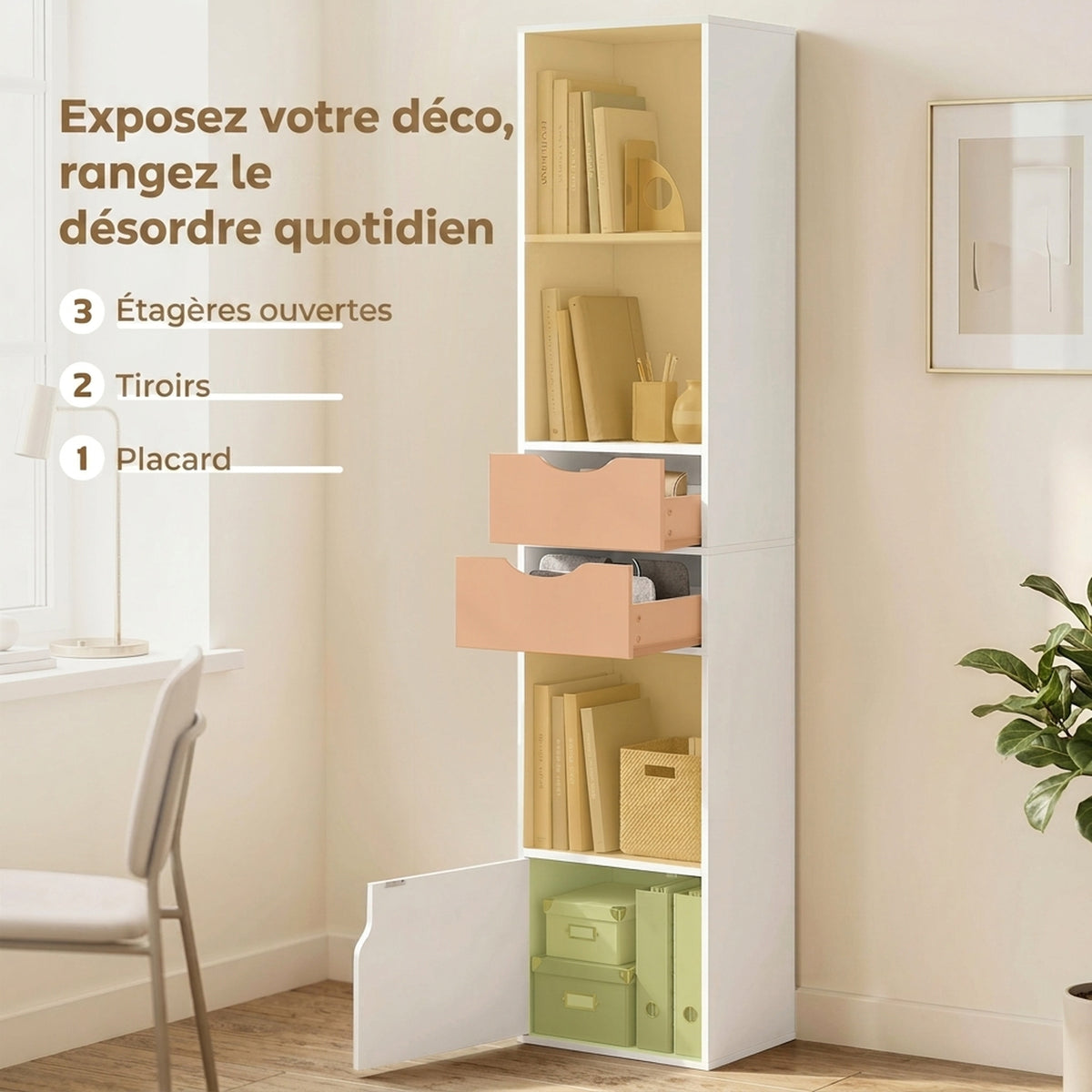 Bibliothèque étagère de rangement avec porte, 2 tiroirs, compartiments ouverts et étagère réglable, 30x24x158cm, blanc
