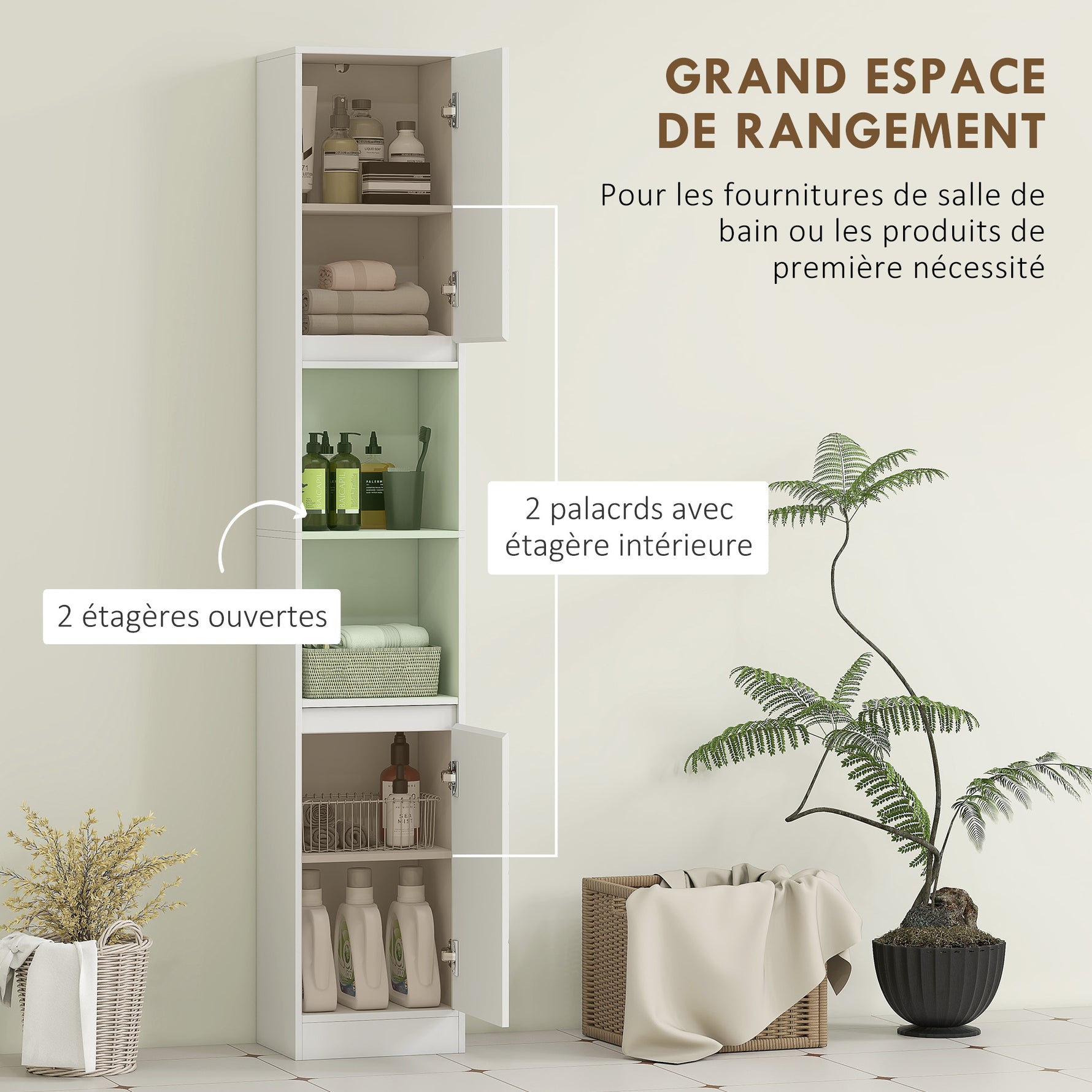 Meuble colonne salle de bain, meuble de rangement avec 2 portes, 2 compartiments ouverts, , 30 x 24 x 170 cm, blanc