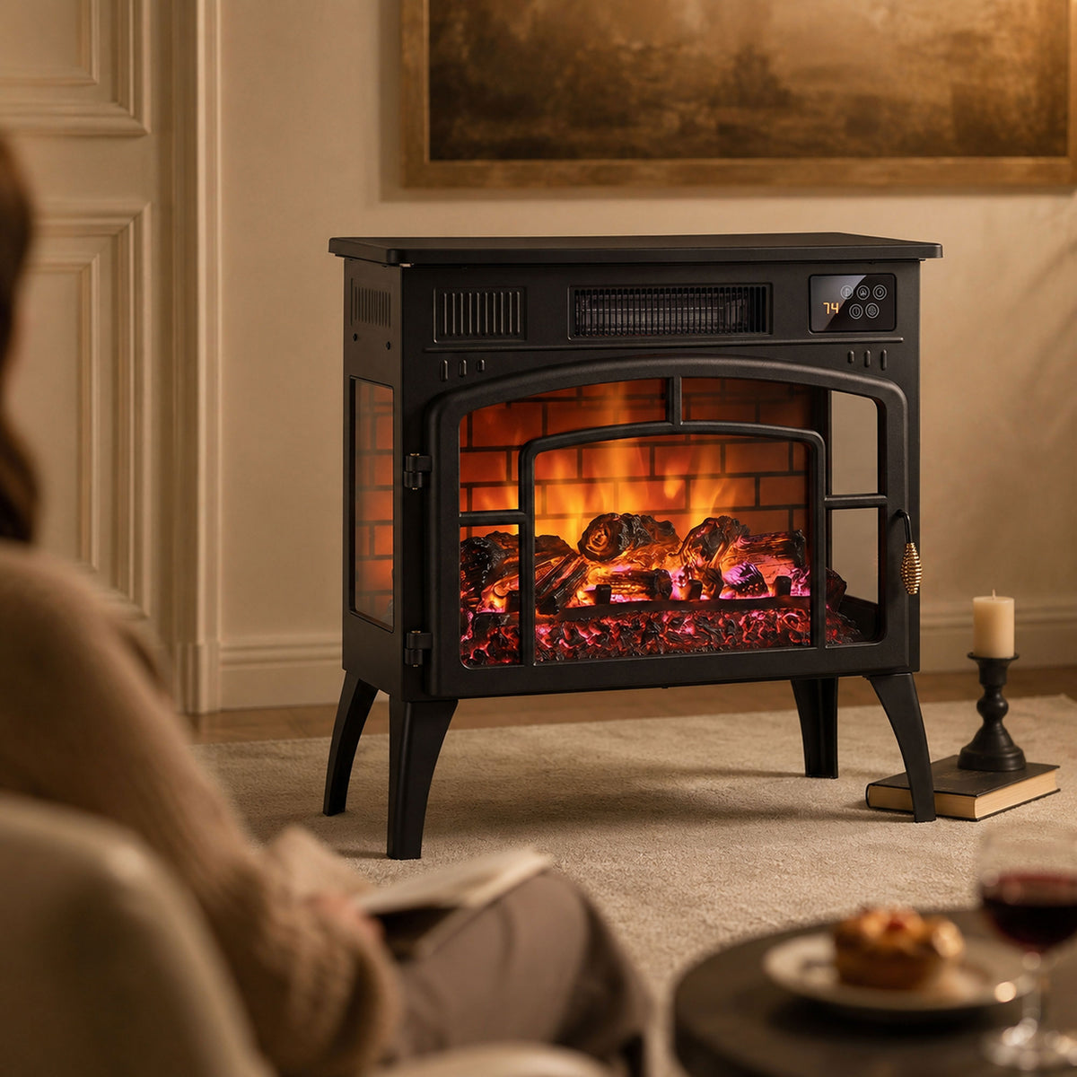 Chimenea eléctrica con efecto de llama 3D multicolor 1000W/2000W, termostato ajustable, control por aplicación y voz, negro