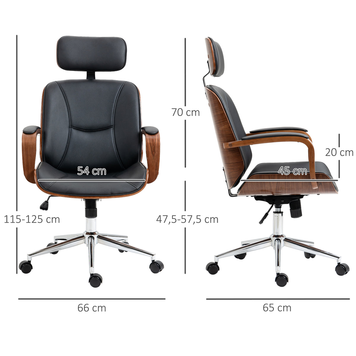 Fauteuil de bureau, chaise de bureau avec appui-tête amovible hauteur réglable et fonction de bascule, 66x65x125cm, noir