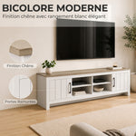 Meuble TV 175 cm, Meuble Télé pour Téléviseur jusqu'à 55 Pouces avec 2 Portes et 4 Compartiments Ouverts, Chêne et Blanc