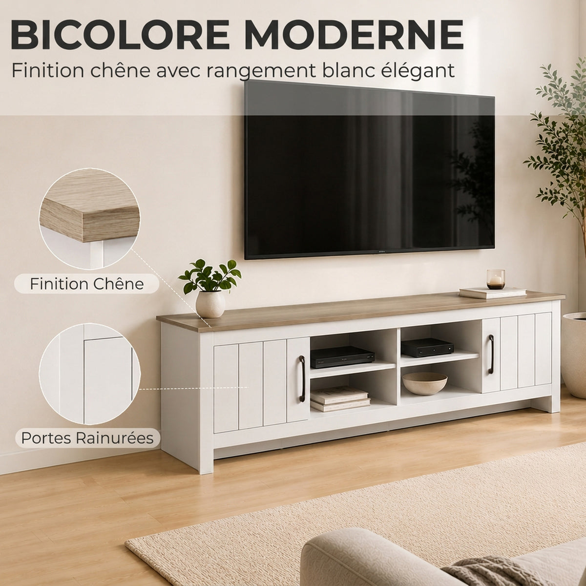Meuble TV 175 cm, Meuble Télé pour Téléviseur jusqu'à 55 Pouces avec 2 Portes et 4 Compartiments Ouverts, Chêne et Blanc