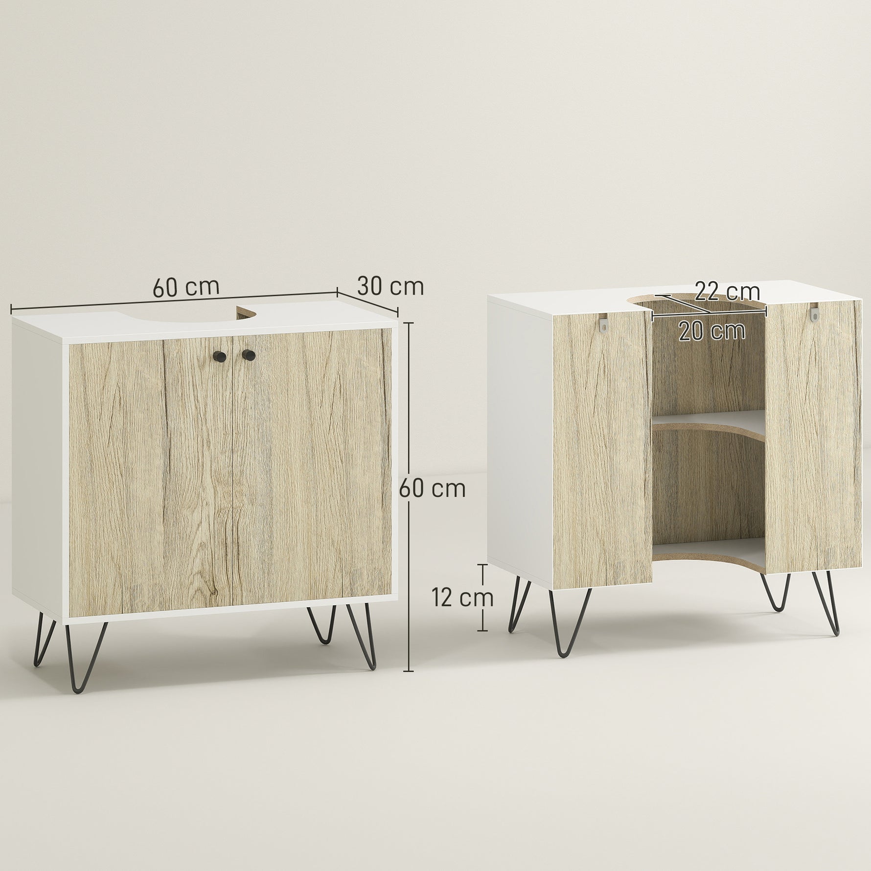 Meuble sous lavabo, meuble de salle de bain avec 2 portes, pieds en acier, 60 x 30 x 60 cm, blanc et bois naturel