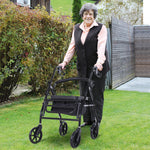 Déambulateur 4 roues - déambulateur pliable léger - assise + dossier rembourré - poignées ergonomiques, freins à main - panier rangement - cale-pied - métal noir