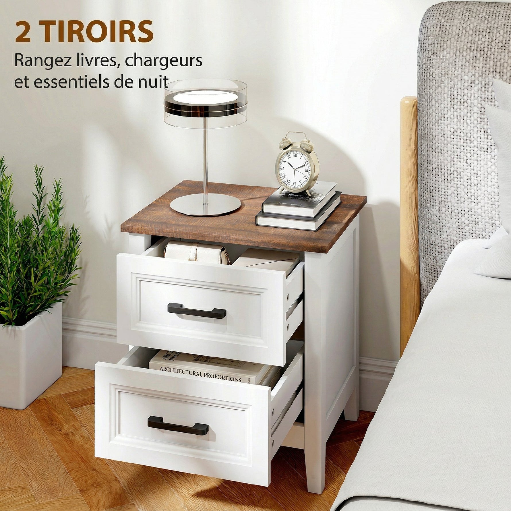 Table de chevet, table de nuit avec 2 tiroirs, plateau effet bois, style rustique, pour chambre à coucher, salon, blanc