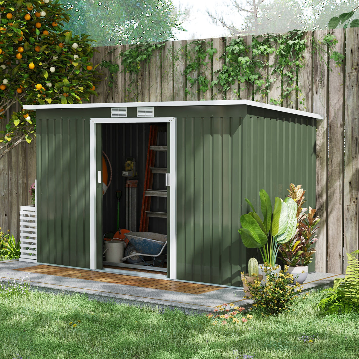 Abri de Jardin 3,6 m² Remise à Outils avec kit de fondation en Acier galvanisé avec Portes coulissantes Vert clair