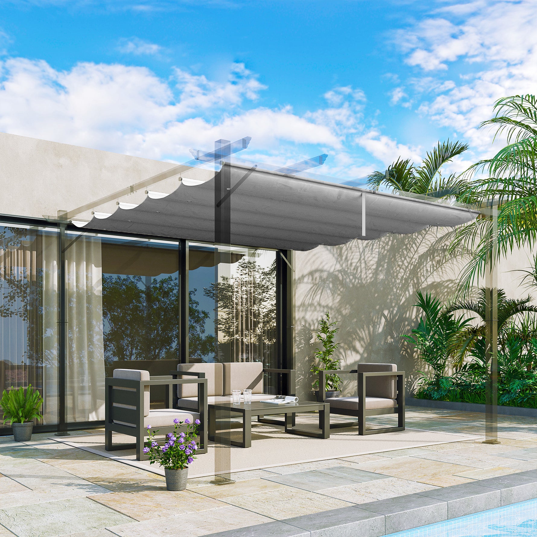 Toile de toit pour pergola tonnelle rétractable de 3 x 3 m - toile uniquement 250 x 255 cm gris clair