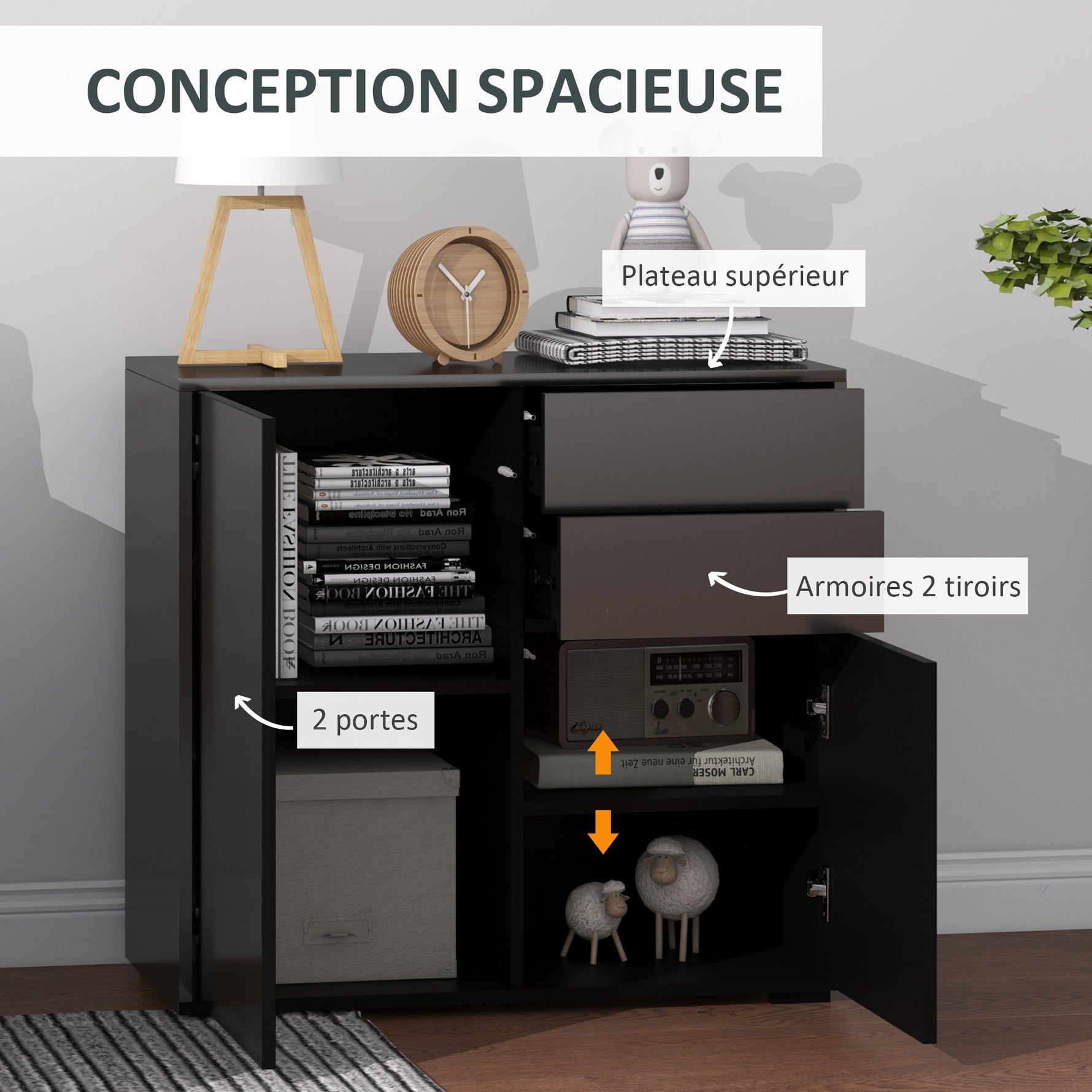 Commode Buffet Meuble de Rangement 2 tiroirs 2 Portes avec étagère 79 x 36 x 74 cm noir brillant