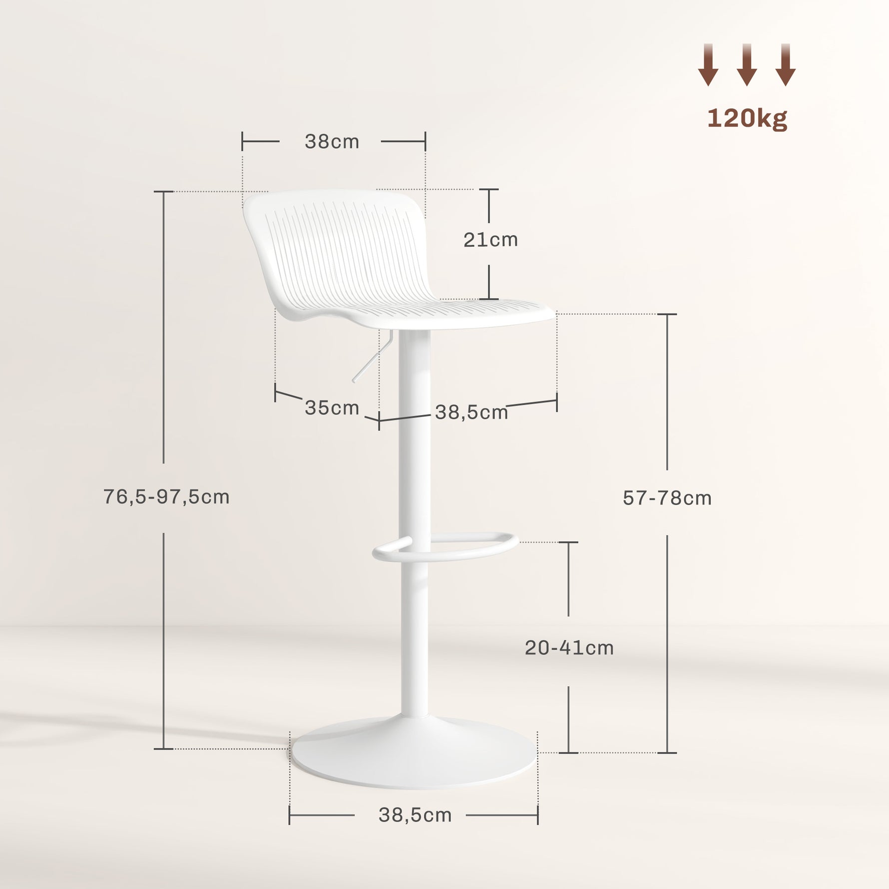 Lot de 2 tabourets de bar, chaises de bar réglable en hauteur, dossier et repose-pieds, 38,5x40x76,5-97,5cm, blanc