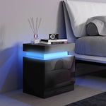 Comodino tavolino da notte con luce LED RGB, pannello lucido con 2 cassetti per soggiorno camera da letto nero