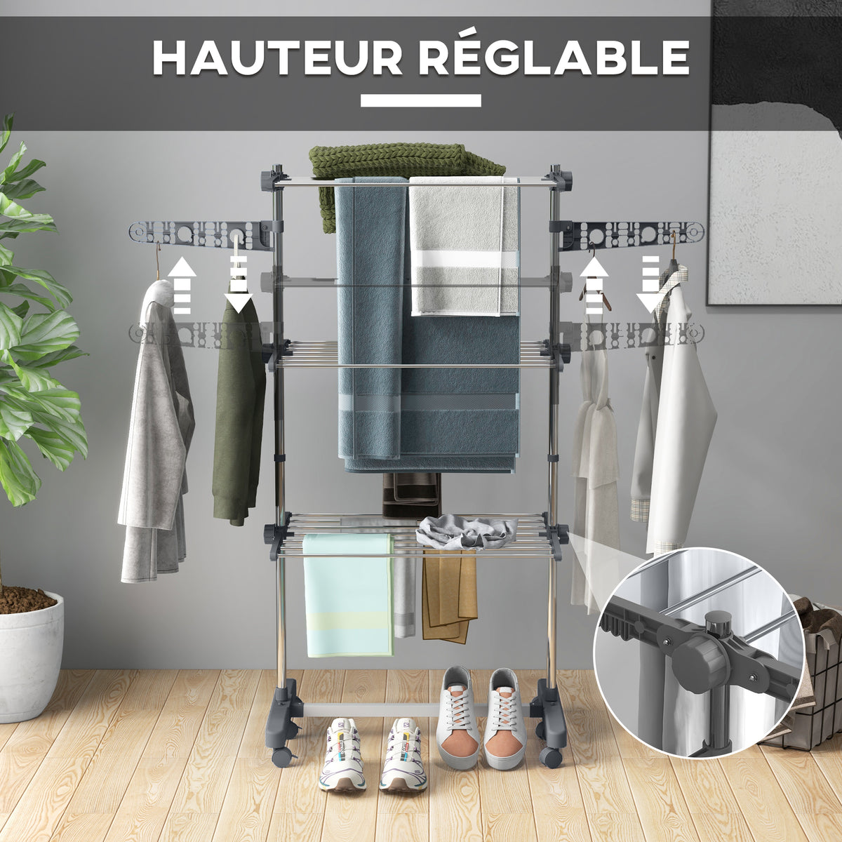 Séchoir à linge étendoir pliable ailes latérales utilisation intérieure et extérieure 3 niveaux 142 x 55 x 152 cm gris