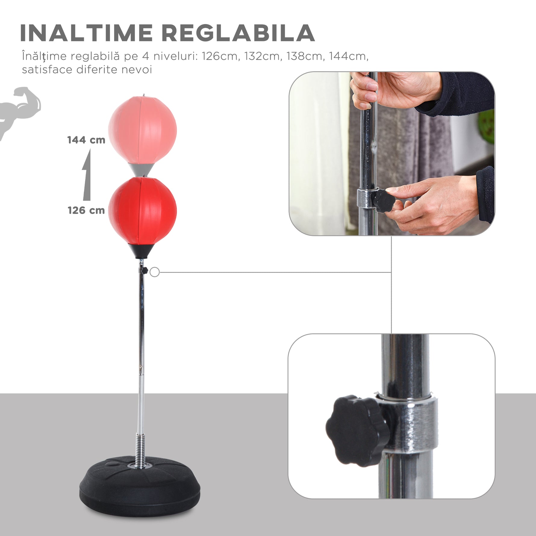 Sac de Frappe sur Pied Punching ball sur pied réglable en hauteur 126-144 cm avec gants, pompe et base de lestage pour adolescents et débutants rouge