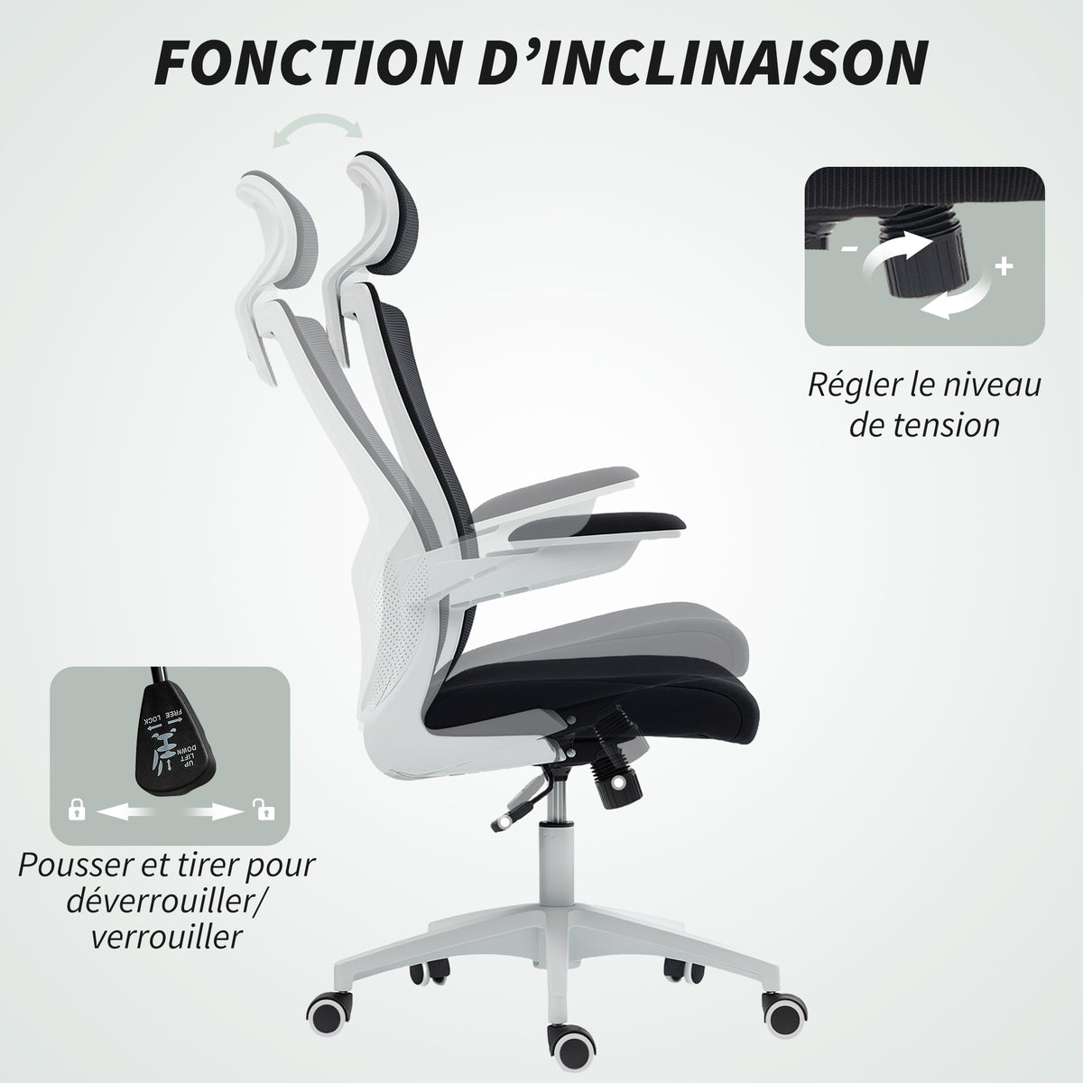 Chaise bureau ergonomique, fauteuil de bureau, accoudoirs relevables, soutien lombaire, appui-tête, 60x63x120cm, noir